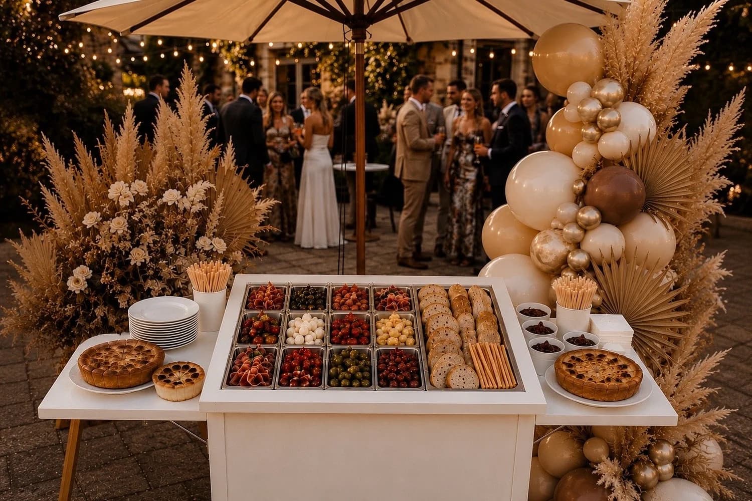 Dessert grazing station with cakes, macarons, doughnuts and berries