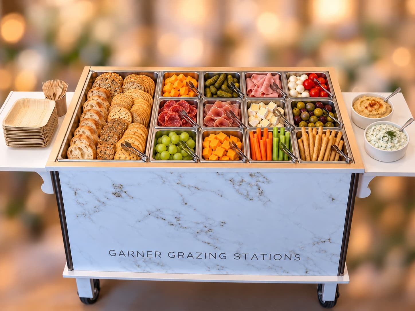 Marble-patterned catering cart displaying organized trays of charcuterie, cheeses, crackers, fruits, and fresh vegetables.
